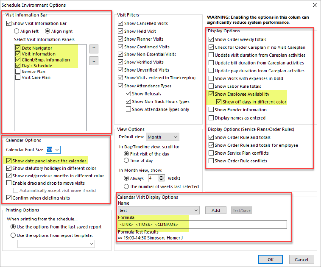 Client/Employee Schedule Environment Options VCH Procura Help