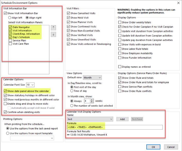 Client/Employee Schedule Environment Options VCH Procura Help